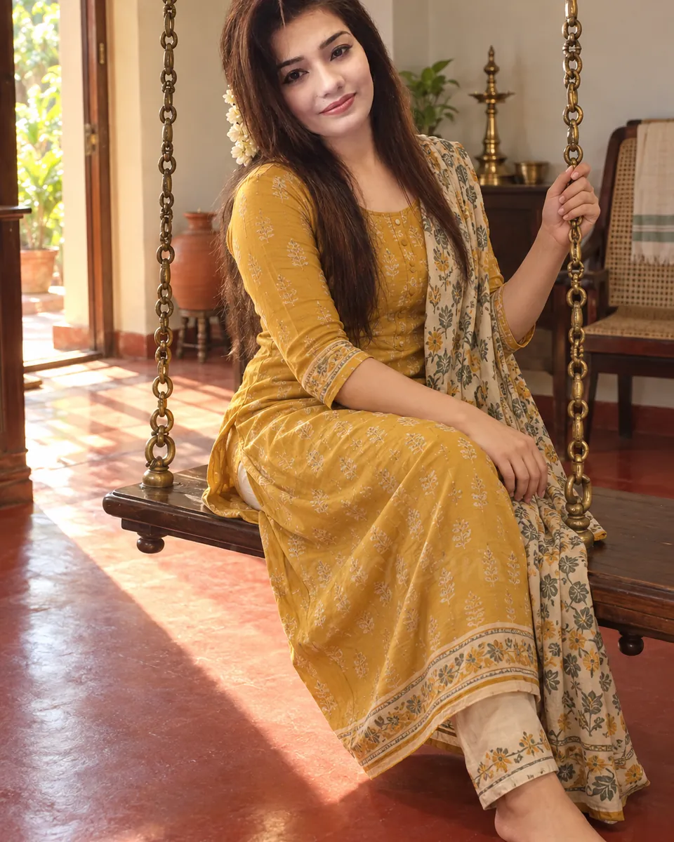 Meghna in a mustard kurta sitting on a wooden swing in the front room of an old Bangalore house: a homely aunty escort