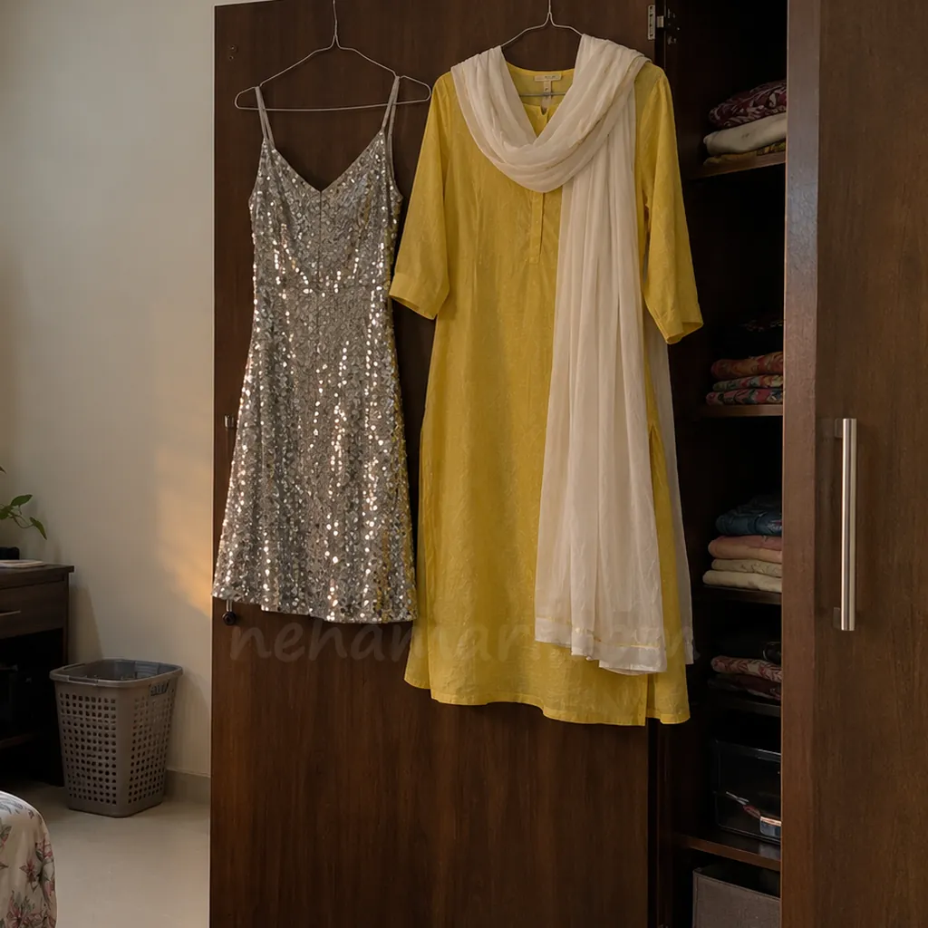 A silver party dress and a yellow kurta on hangers on a wardrobe door, two looks to choose from for tonight