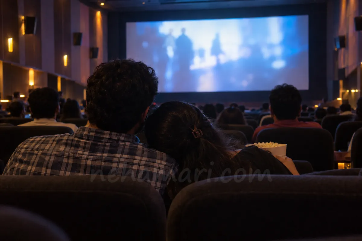 A couple seen from behind at a Bangalore cinema, her head on his shoulder, a film date with a dating girl