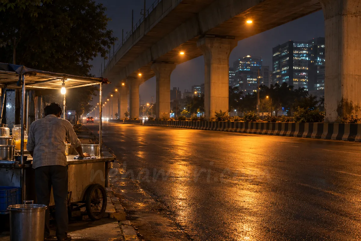 Under the Electronic City tollway at 1 AM: grey pillars, orange light and a small food cart closing on the service road