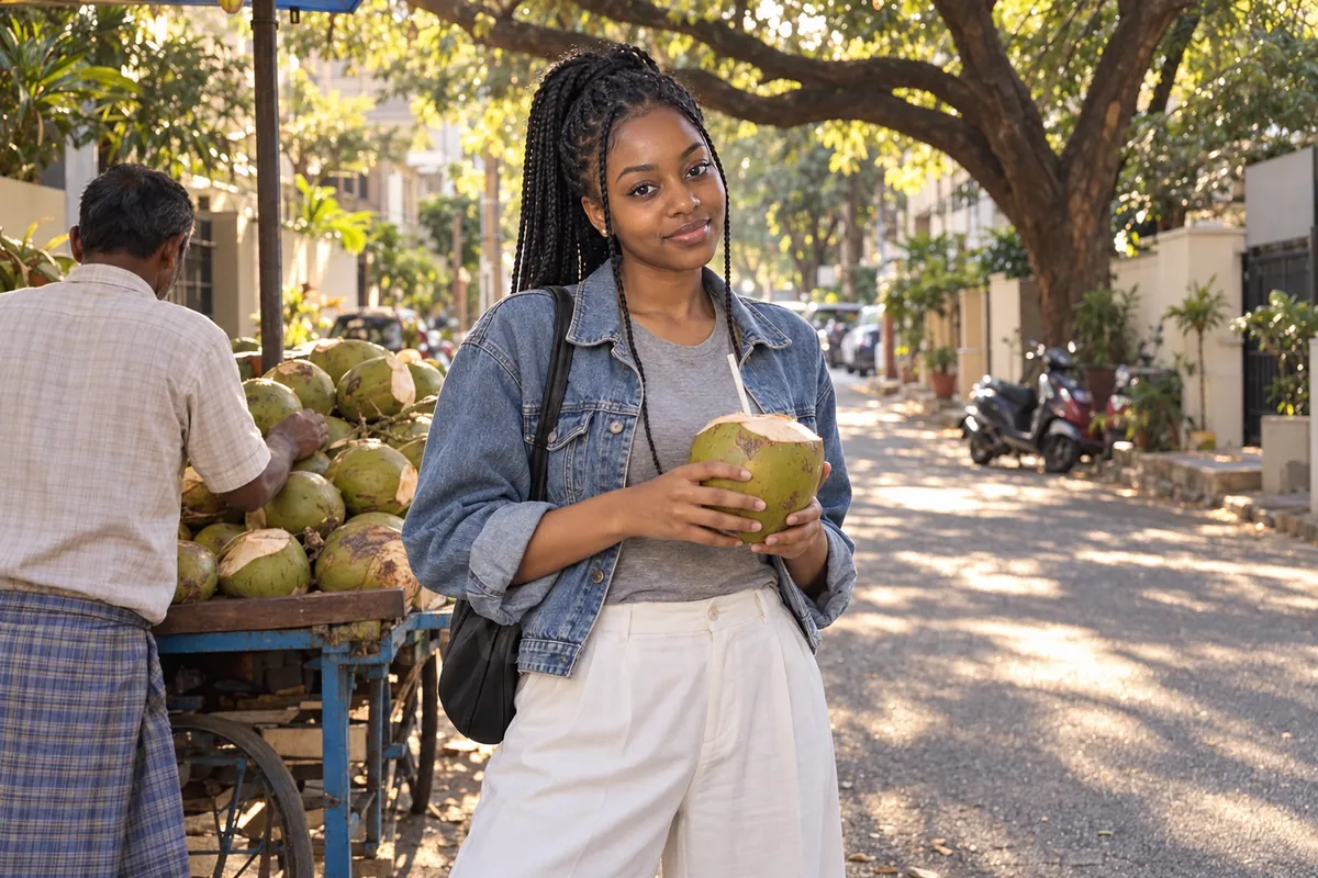 Amara buying a tender coconut at a street cart under a rain tree in Koramangala: a foreign escort who lives in Bangalore