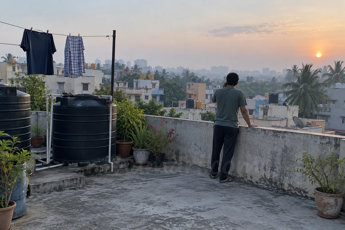 A man on a rooftop terrace in Bangalore at 7 AM making a phone call, seen from behind, with water tanks around him