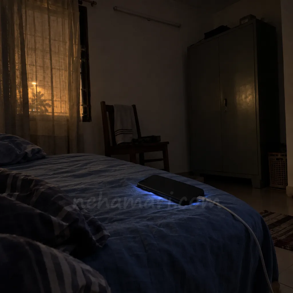 A phone lying face down on a bedsheet at night, a call lighting its edges, in a dim rented room in Bangalore