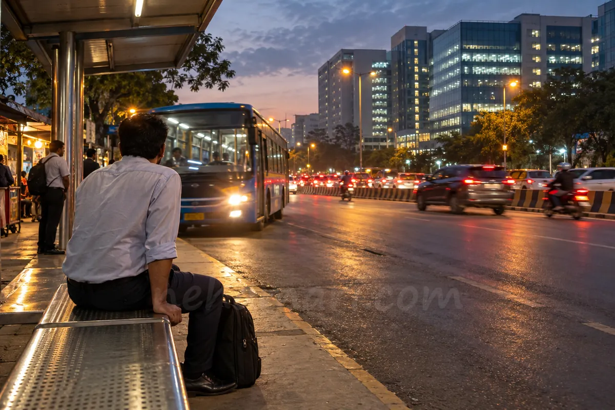 After work near Manyata, Hebbal side: a man waits at an Outer Ring Road bus shelter, tech park blocks lit behind
