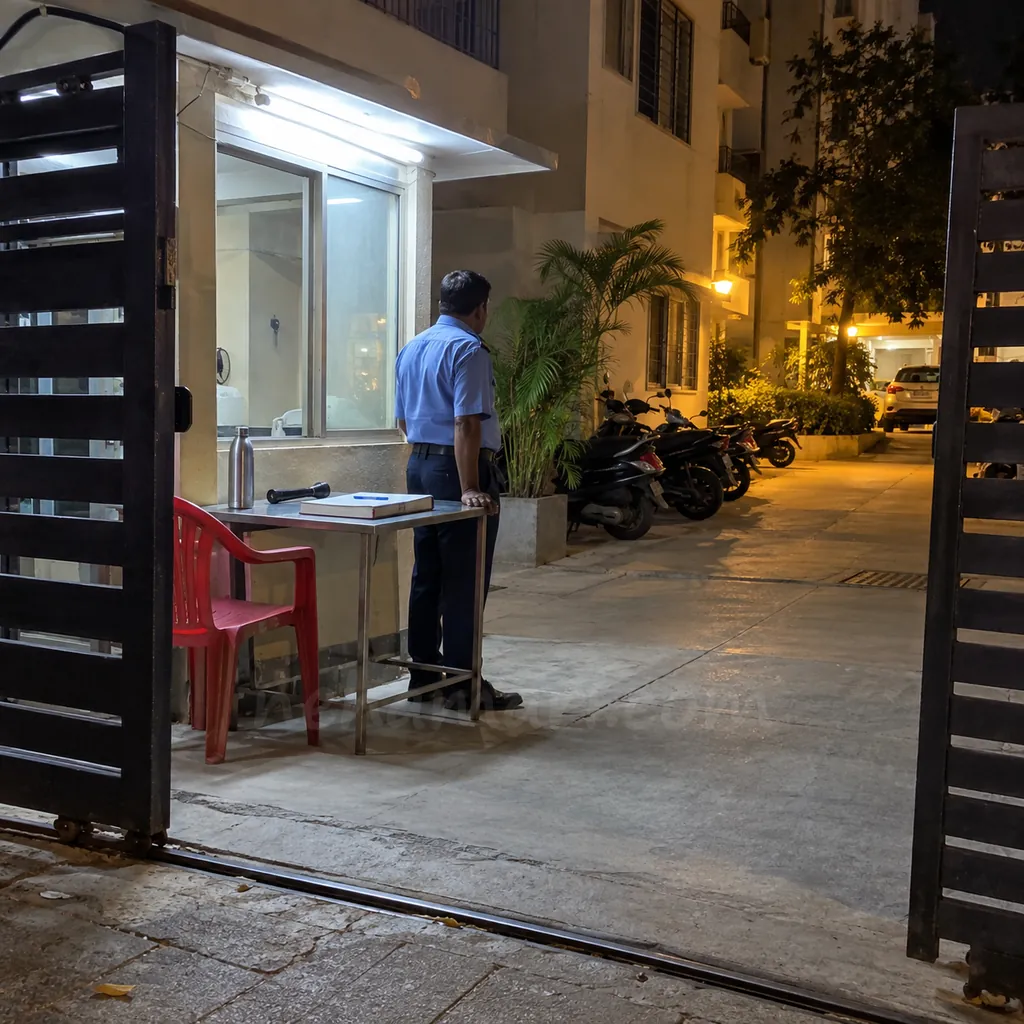 A guard's cabin at the gate of a Bangalore apartment building at night, with a closed visitors' book on the table