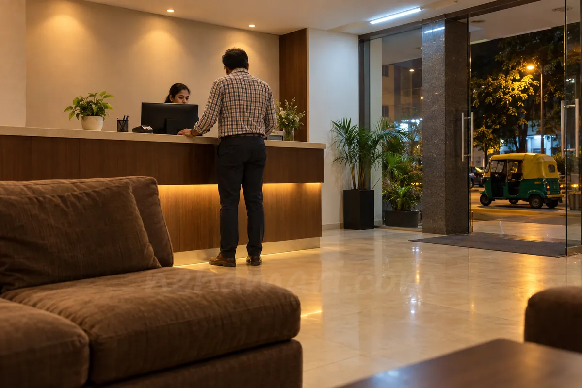 The front desk of a mid-range Bangalore hotel in the evening, a guest at the counter, seen from the lobby sofa