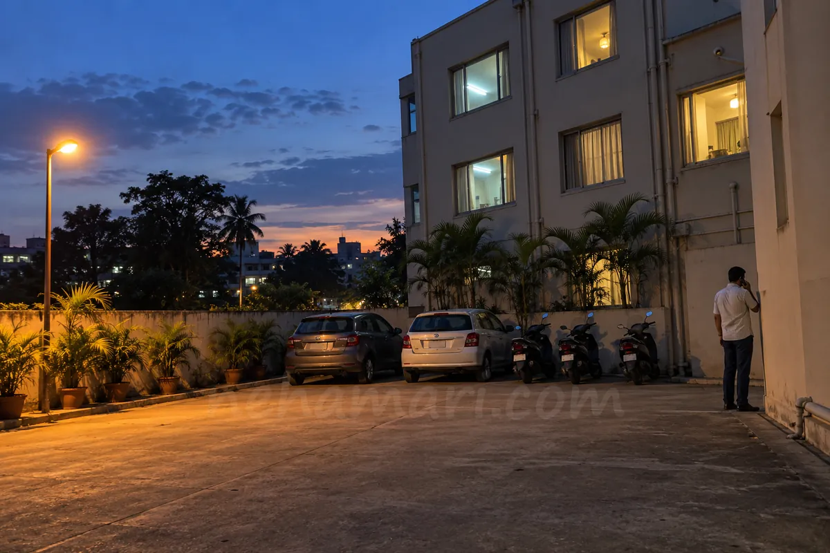 A man making a phone call in a quiet hotel car park in Bangalore at dusk, seen from the far end