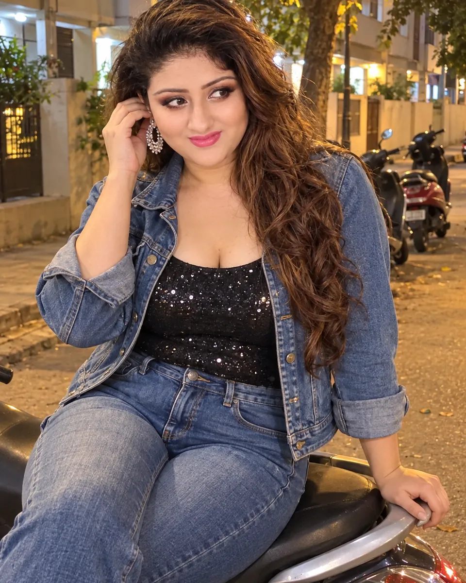 Sandhya, a JP Nagar call girl, dressed for a party night, sitting sideways on a parked scooter in a lane
