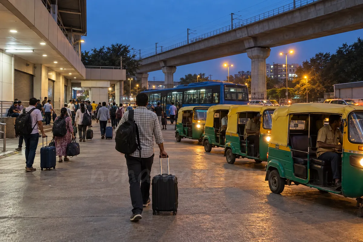 Dusk outside KR Puram railway station: a man with a trolley bag walks towards a row of waiting autos