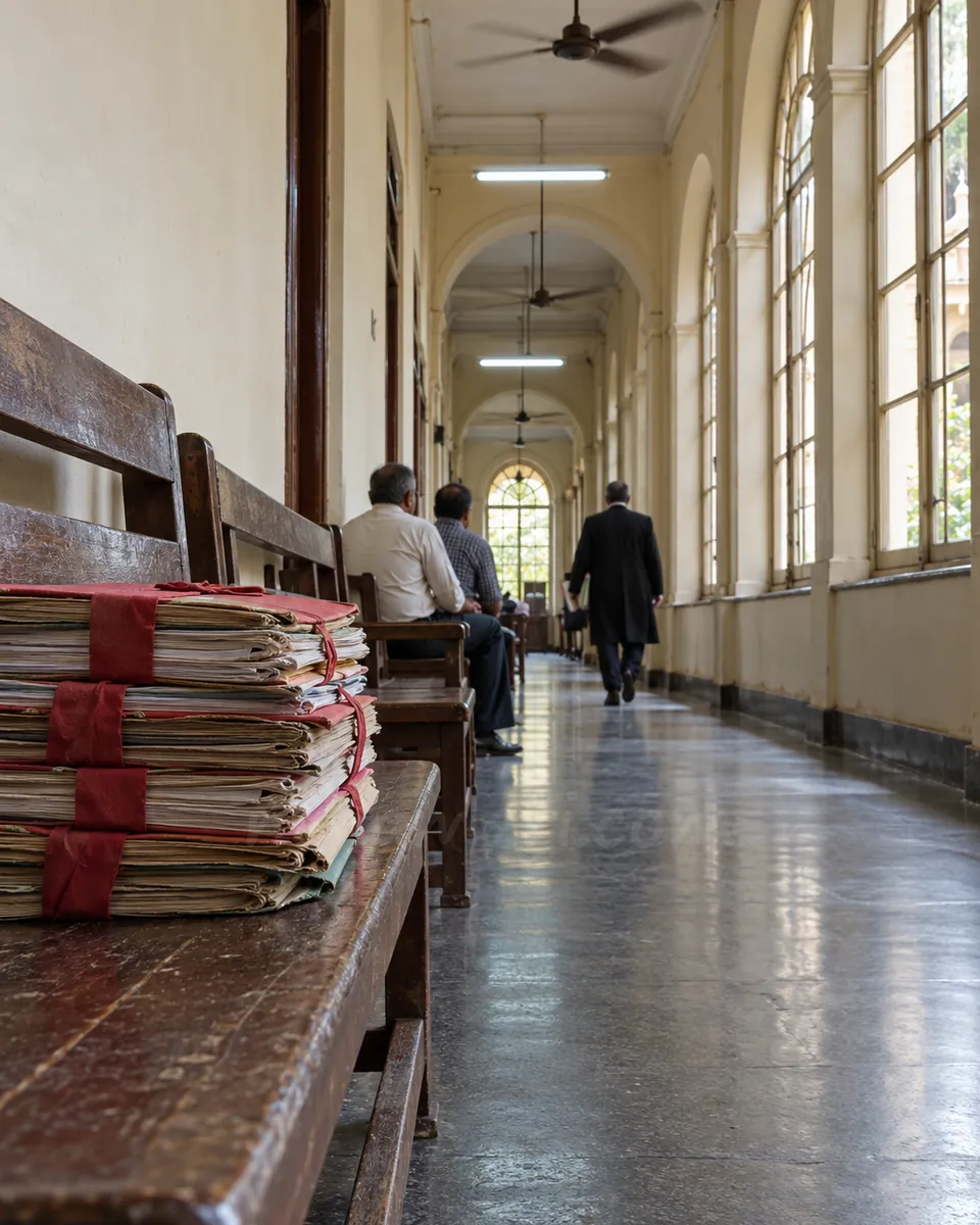 Case files tied with red tape stacked on a wooden bench in a busy court corridor in Bangalore, late morning