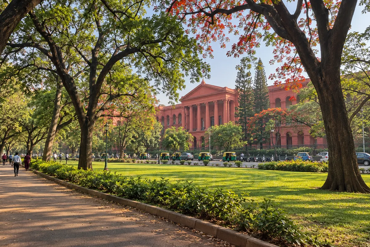 The red Karnataka High Court building in Bangalore seen from Cubbon Park across the road on a clear morning