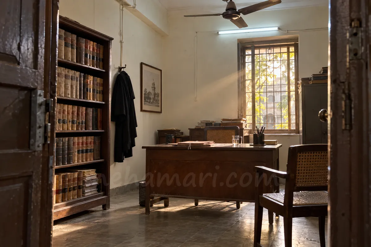 Old law books and a black lawyer's coat in a small Bangalore lawyer's chamber, in late afternoon light