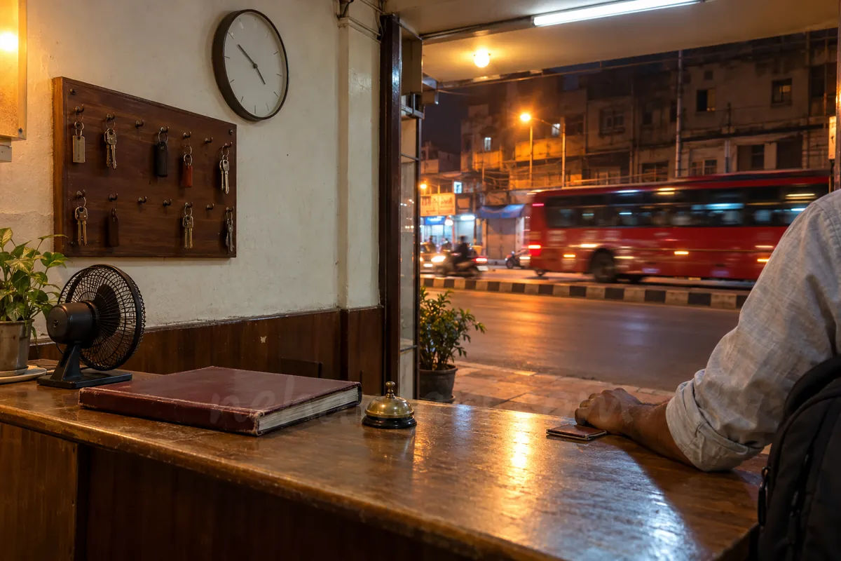 The small front desk of a budget lodge near Majestic at night, keys on hooks, a red bus passing outside