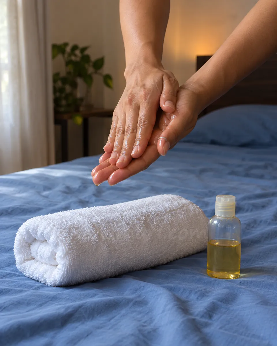 A woman's hands warming oil between her palms above a rolled white towel, as a Bangalore massage girl's booking begins