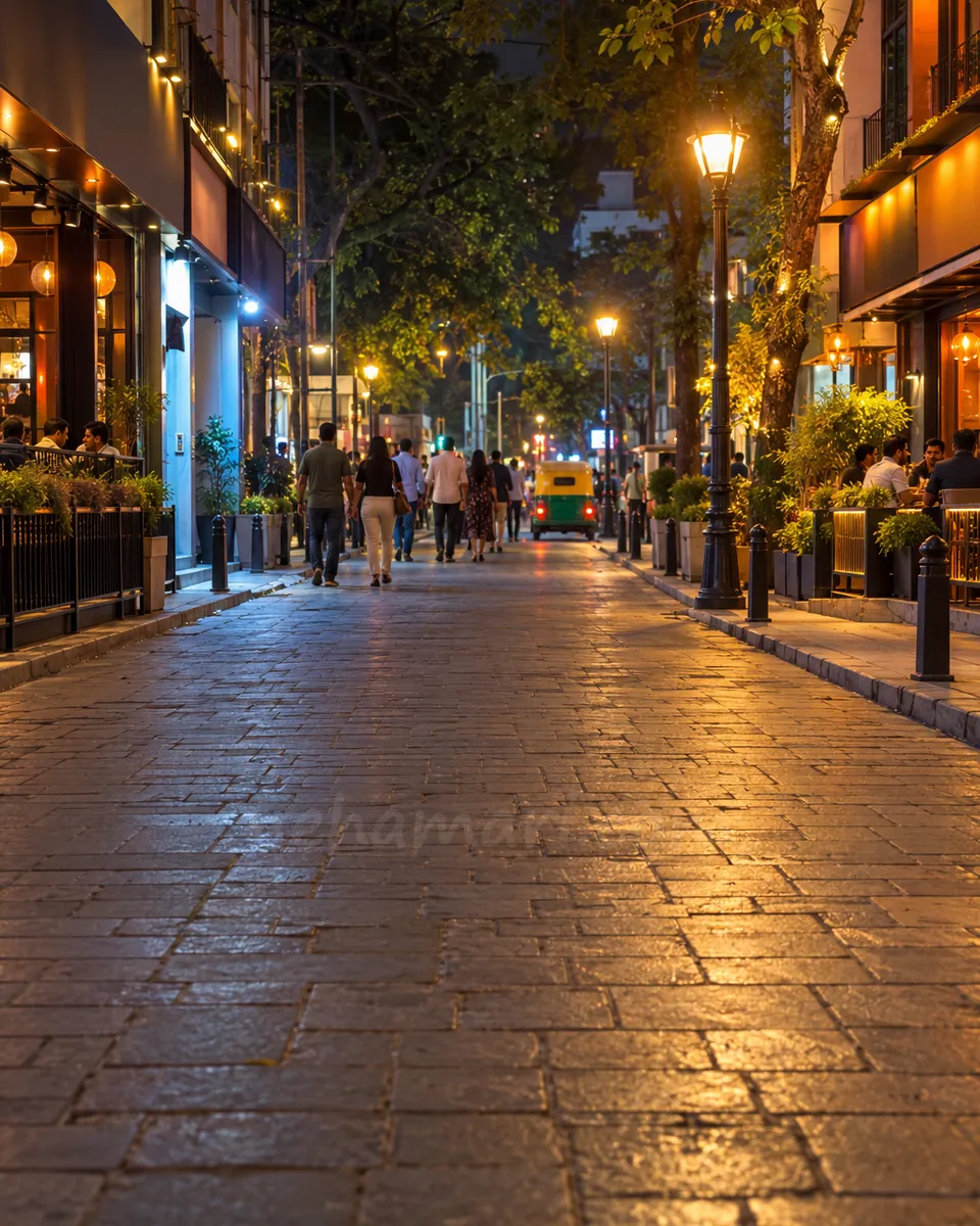 Church Street off MG Road late on a dry night, lit shop fronts and a few people far off on the stone paving