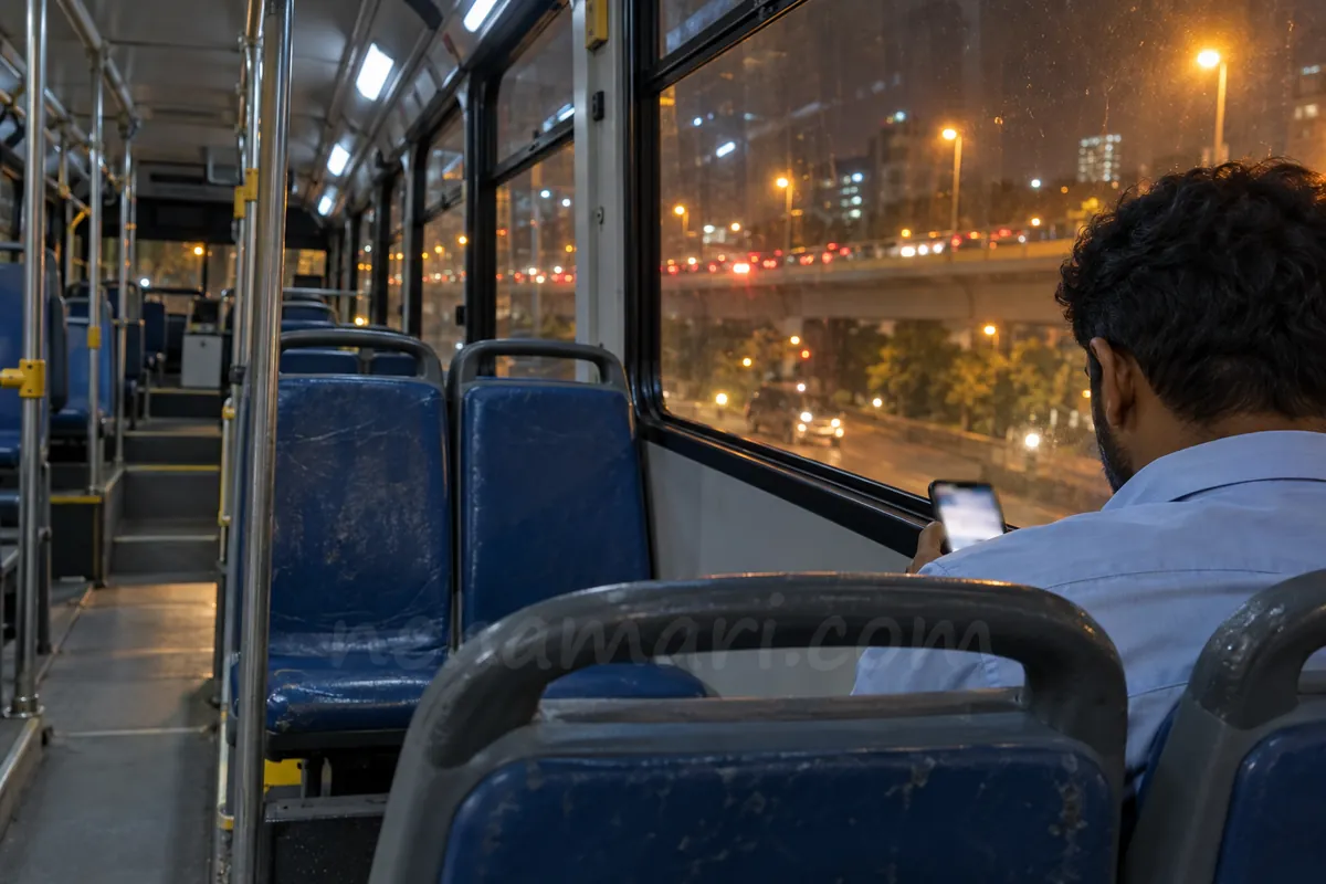 A man seen from behind on a night BMTC bus in Bangalore, his phone screen blurred