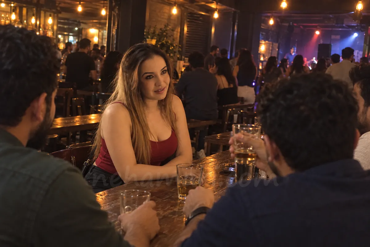 Ansha laughing with a group of friends at a busy pub table in Koramangala, a party girl booking in Bangalore