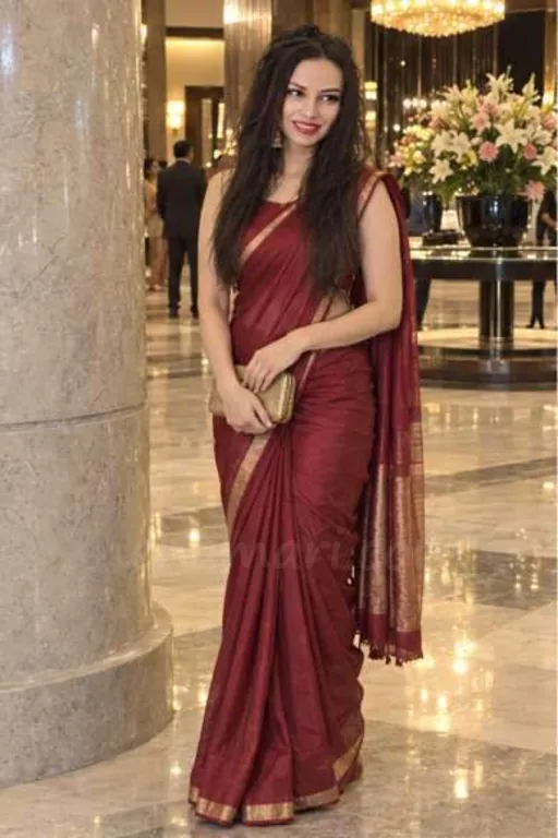 Emily in a wine-red silk saree in the lobby of a five-star hotel in Bangalore