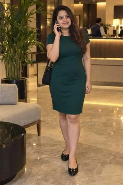 A girl in a green dress calls from a Bangalore hotel lobby before she goes up