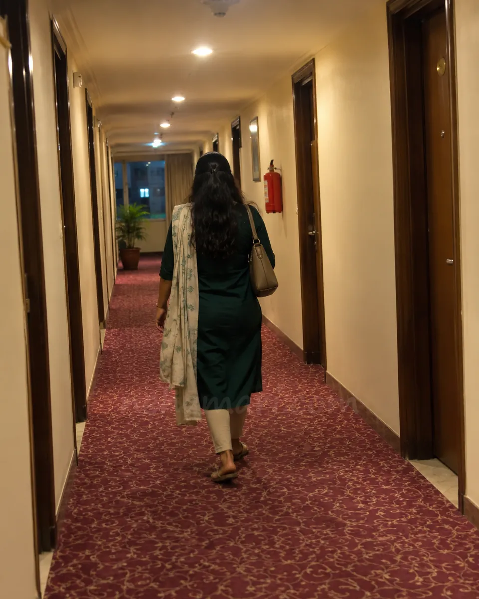 A woman in a green kurti walks down a hotel corridor towards a room door, seen from behind