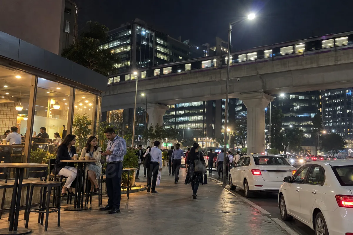 Two women in office clothes at a coffee shop table on ITPL Main Road at night while a man with an office tag shows them his phone, under the raised metro line