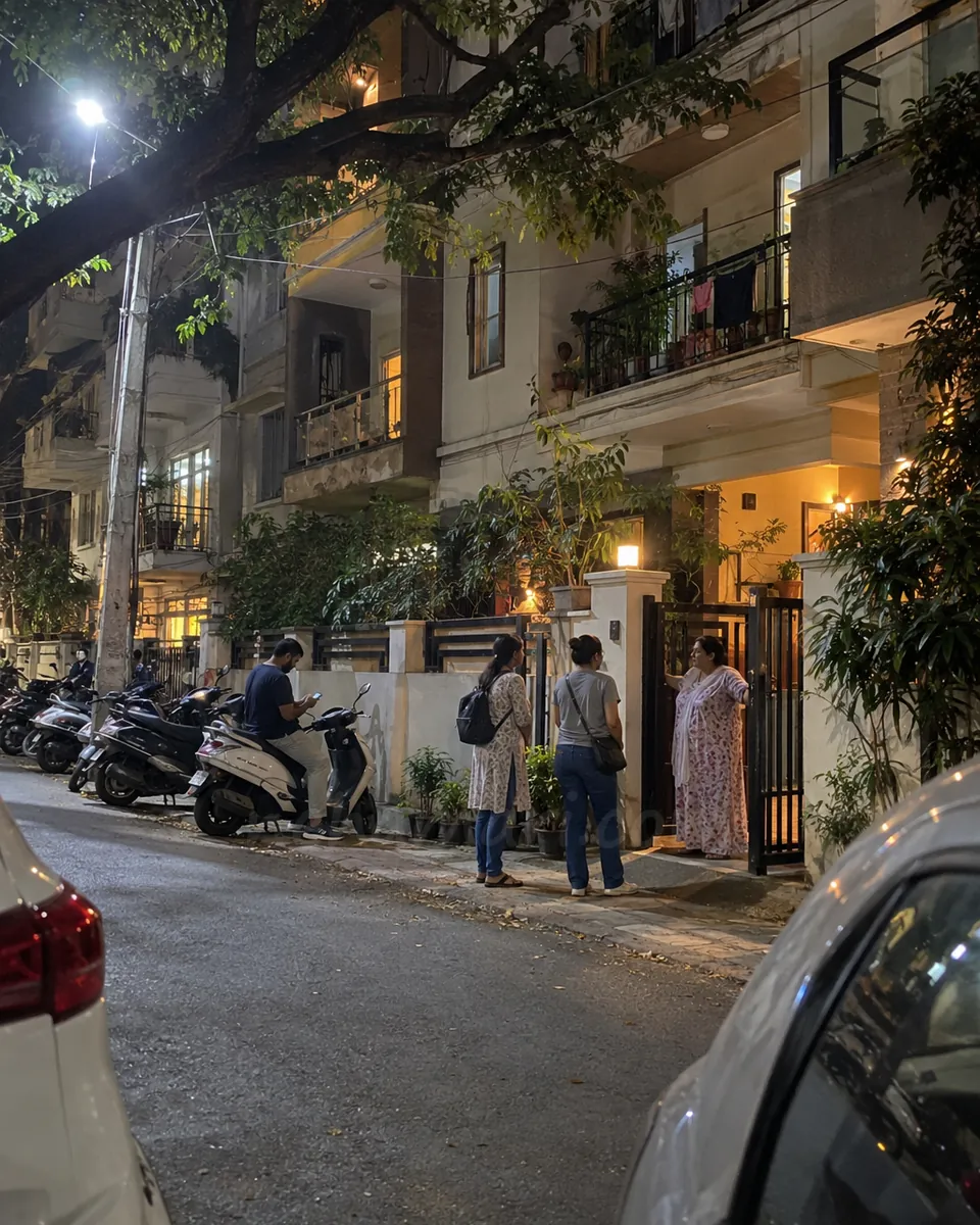 Two women talk to a landlady at the half-open gate of a paying-guest building in Koramangala at night while a man waits on his scooter