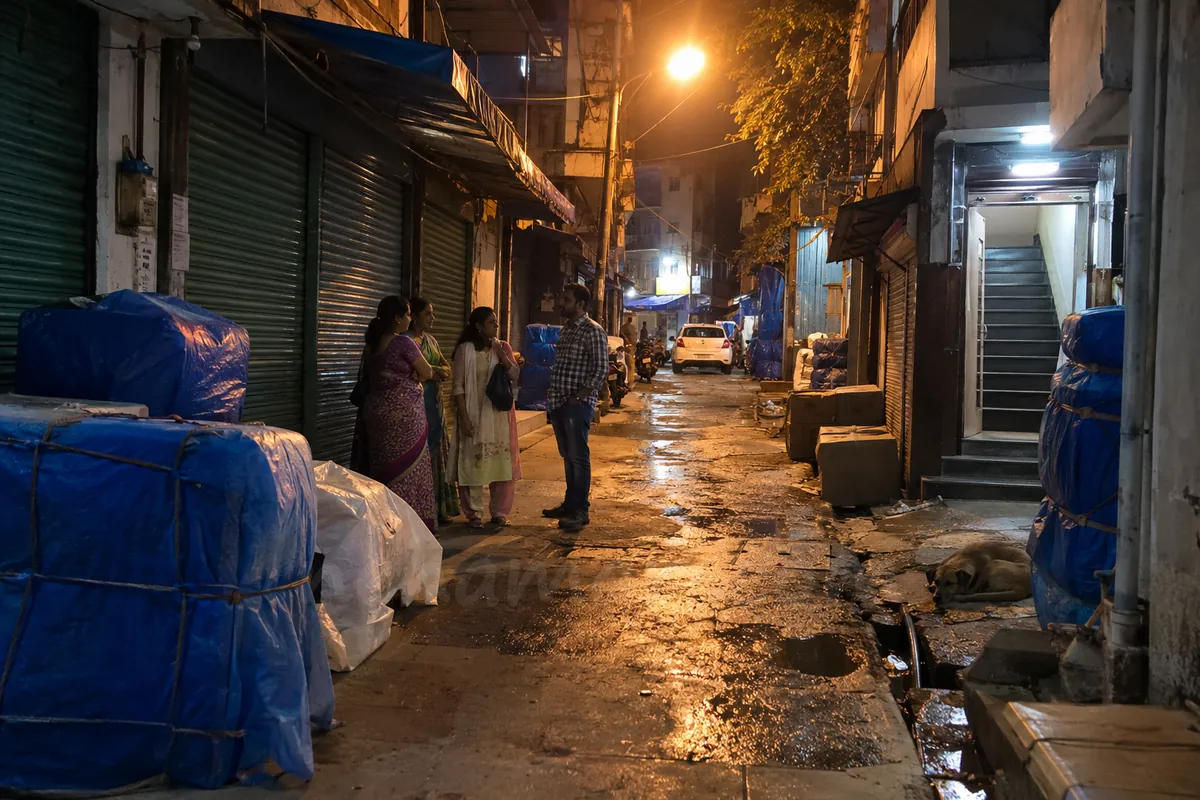 Three women stand by closed garment shop shutters in an alley behind Madiwala Market after midnight, one talking to a man, with a lodge staircase lit at the corner