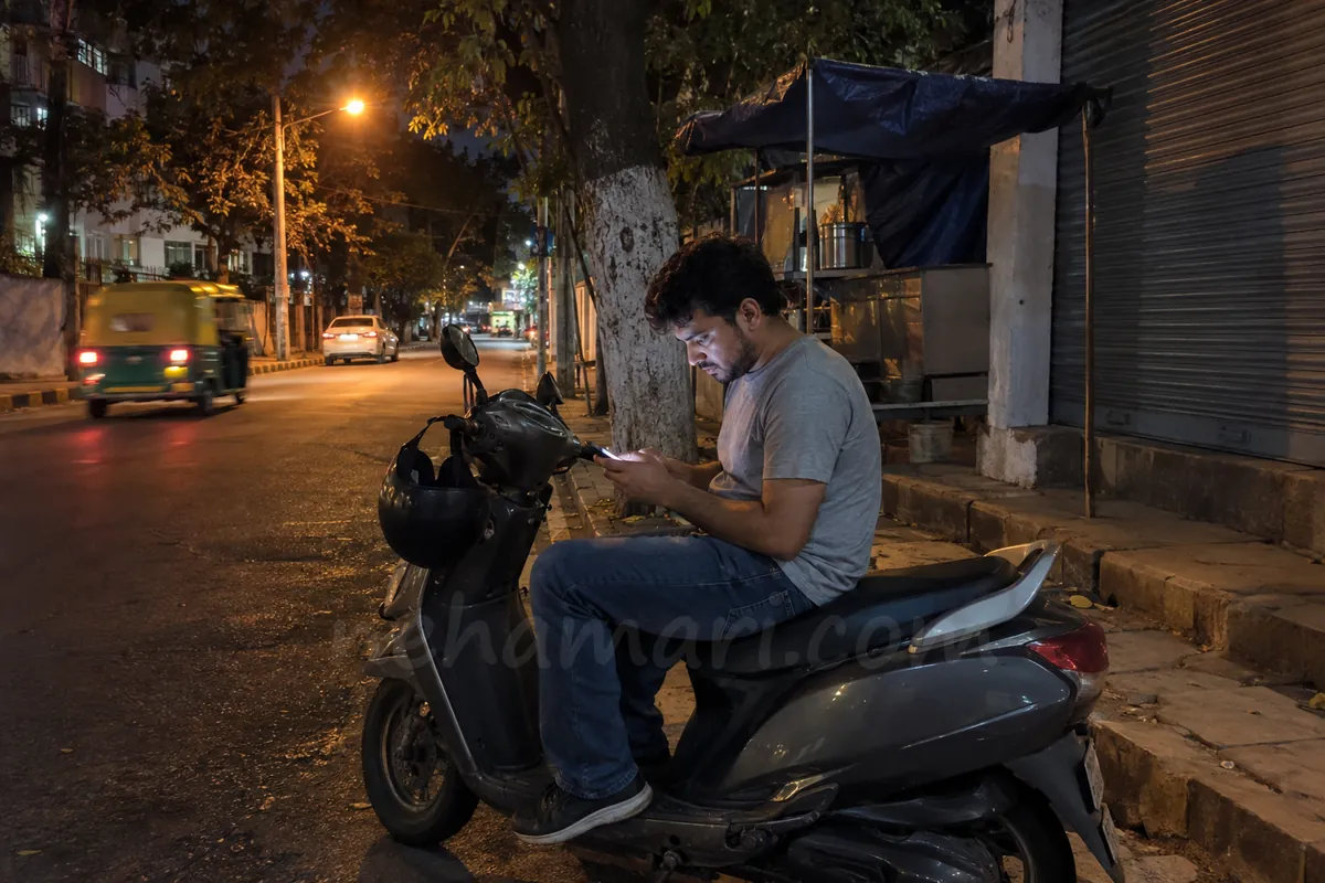 A man sits on his parked scooter on a quiet Bangalore road at night, reading his phone by its light