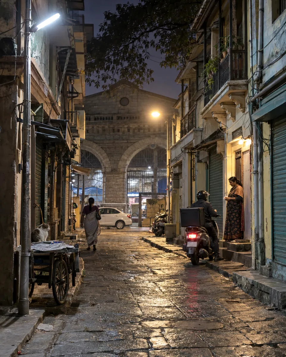 A delivery rider stops at a doorway in an old Shivajinagar lane near Russell Market at night and talks to a woman on the steps