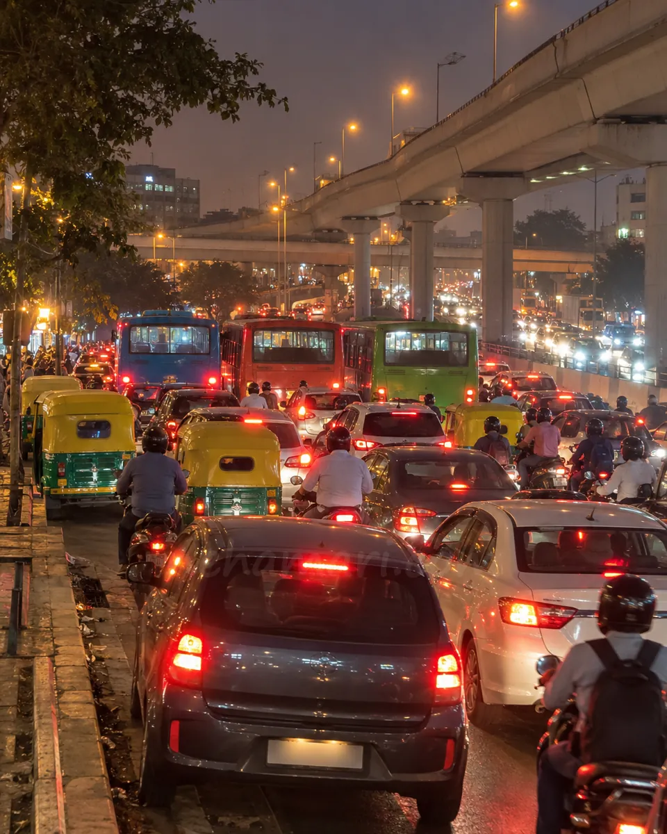 Evening jam at the Silk Board junction in Bangalore, buses, autos and scooters packed tight in the haze