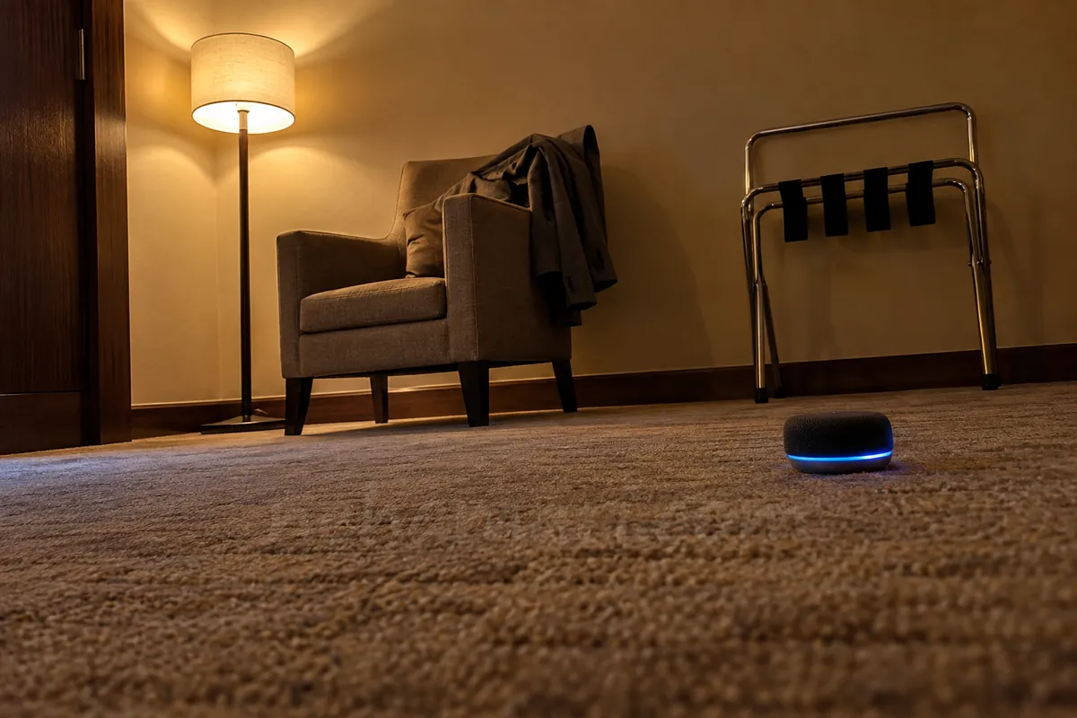 Hotel room at night: armchair turned to a cleared floor, a small speaker glowing on the carpet, set for a private strip dance