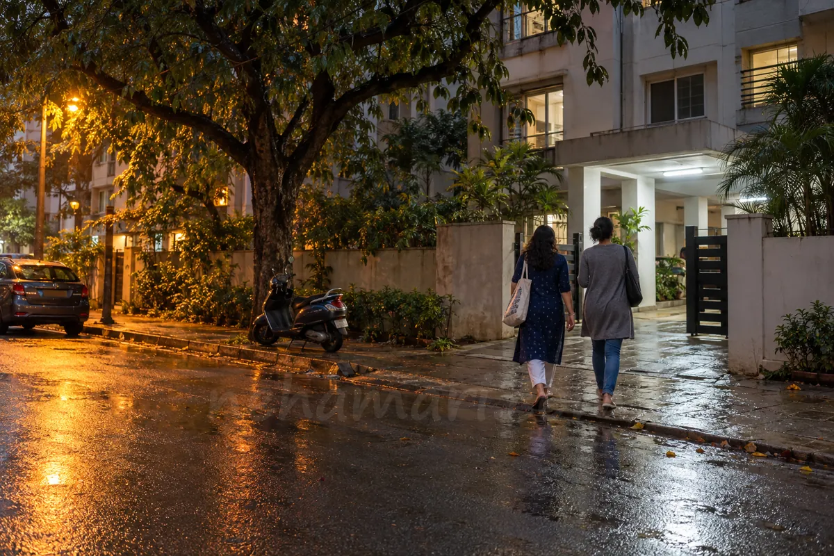 Two women seen from behind walking together to a Bangalore apartment block at dusk, a threesome booking pair