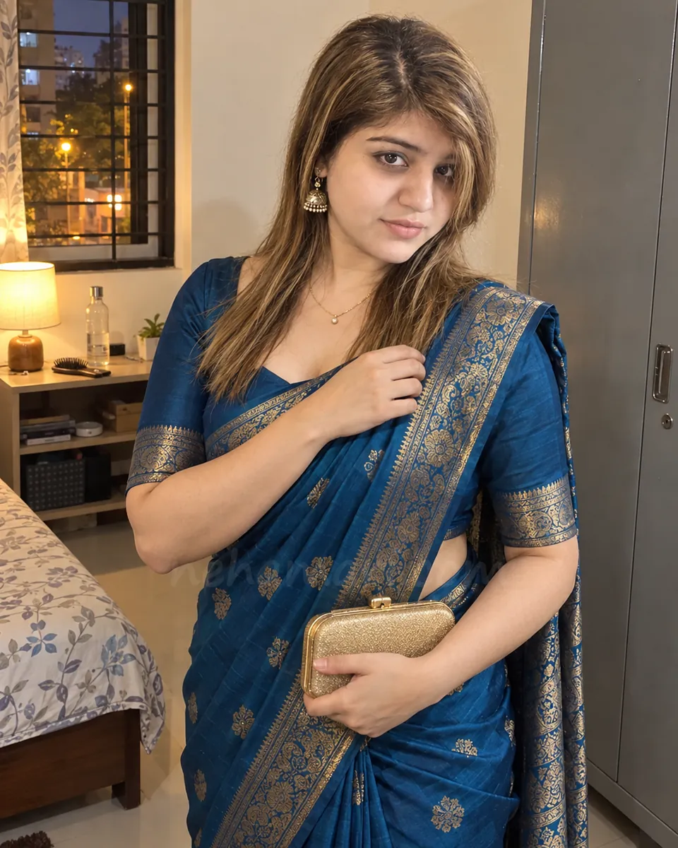 Puja fastening a necklace at her mirror before an evening booking, one of our VIP girls in Bangalore