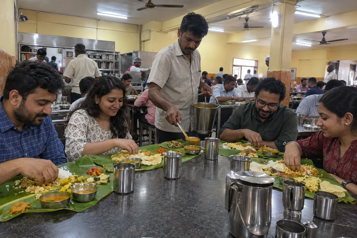 Four friends eat Andhra meals on banana leaves while a server pours sambar, at a busy Bangalore restaurant