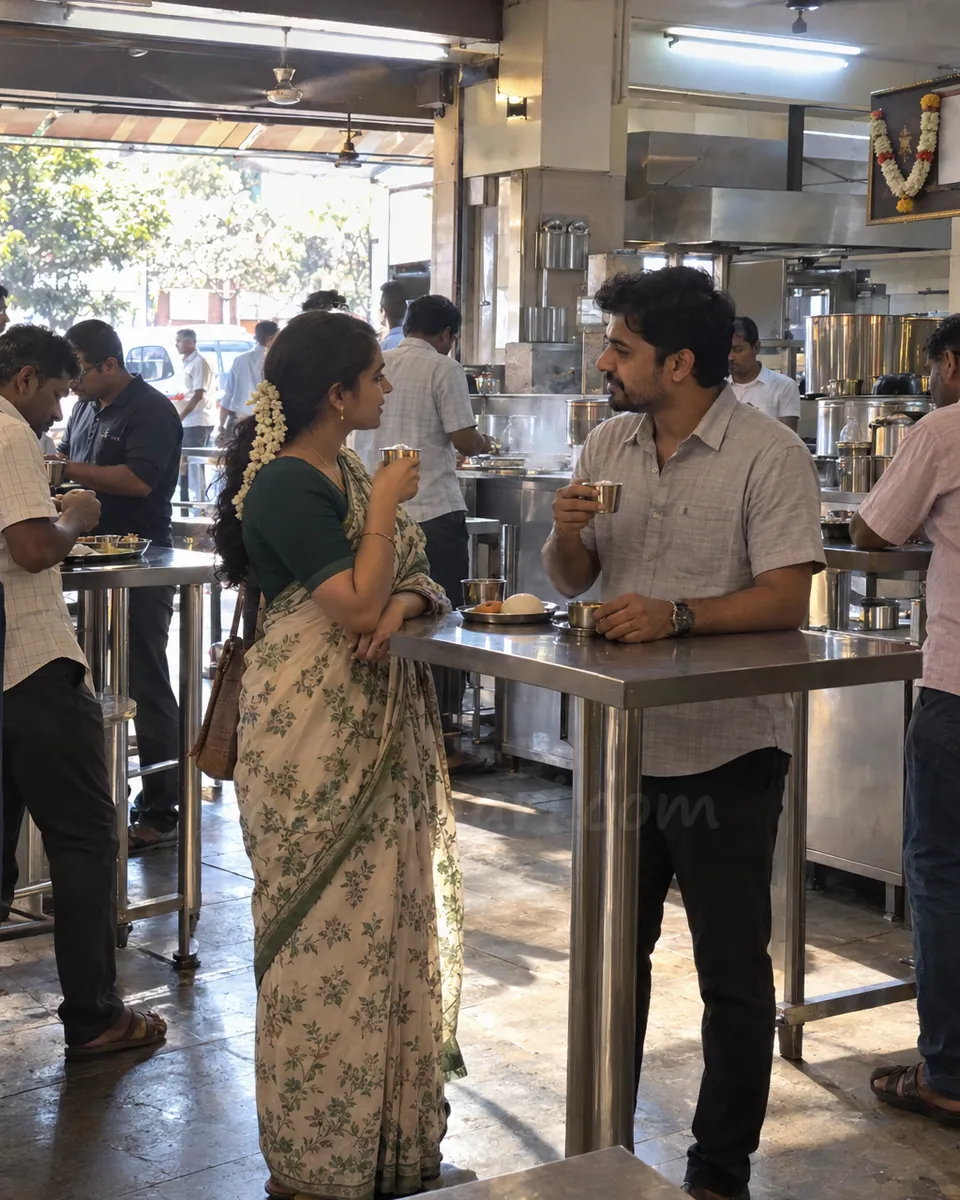 A man and a woman talk over filter coffee in steel tumblers at a busy Bangalore darshini in the morning