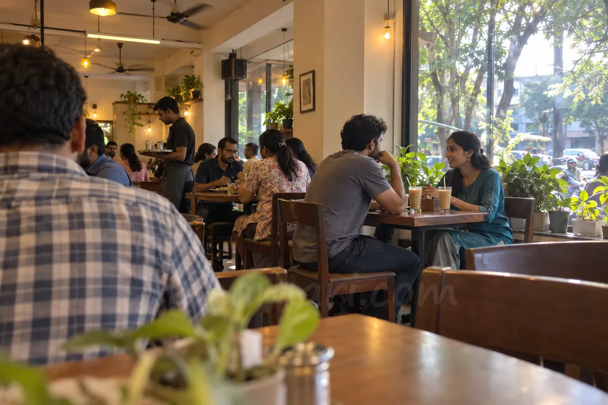 A man and a woman meeting at a small table in a busy Bangalore café in the afternoon, seen from across the room