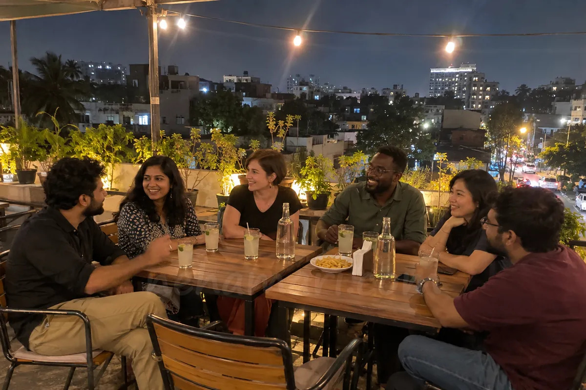 Six friends from different countries chat over lime sodas at a rooftop cafe in Indiranagar at night