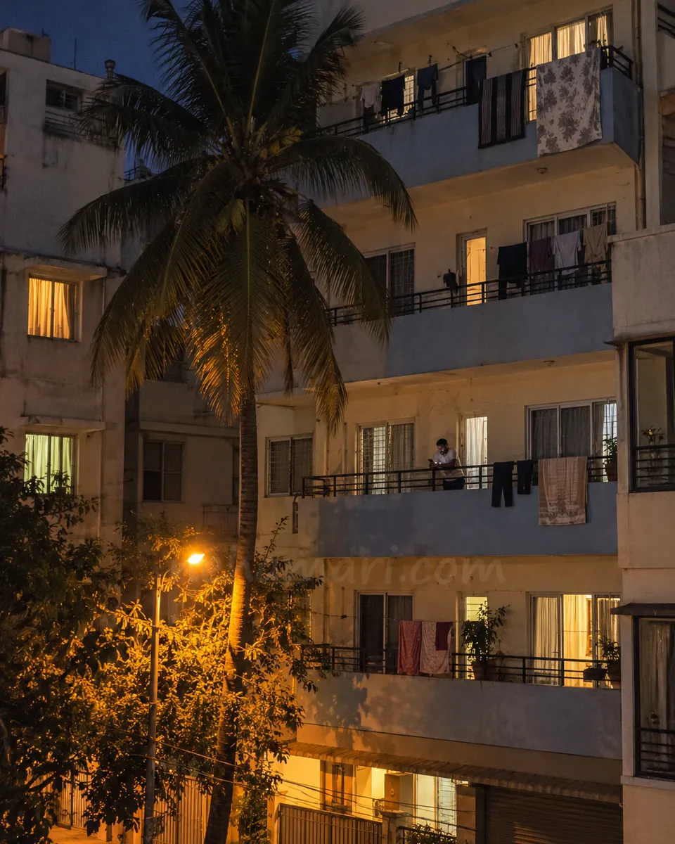 A PG building in Bangalore at night with lit windows and one man on a balcony with his phone, seen from across the road