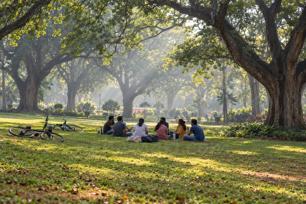 A Sunday morning meetup of adults sitting in a circle on the grass at Lalbagh, Bangalore, seen from far away