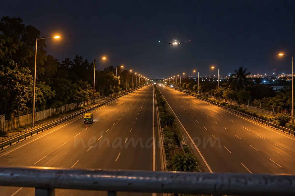 The airport highway at Yelahanka late at night from a footbridge, one auto below and a plane's lights above