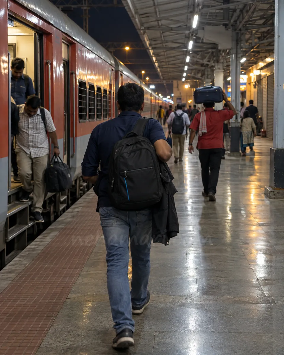 Passengers step off a long-distance train at Yeshwanthpur at night, a man with a backpack heading for the exit